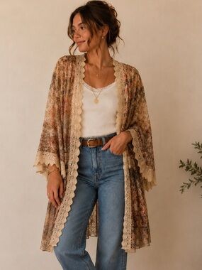 Origami Sheer Floral Lace-Trim Duster Kimono in Warm Neutrals